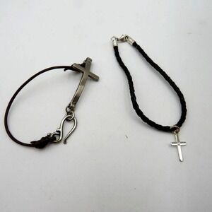 2pc Leather‎ Cord Cross Charm Bracelet Set Braided Brown Black Fashion Jewelry